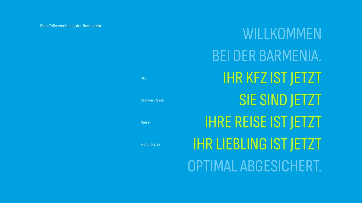 Headline-System auf Blau: Zeile Willkommen bei der Barmenia, darunter die wechselnde Zeile je Sparte in Lime, am Ende Optimal abgesichert