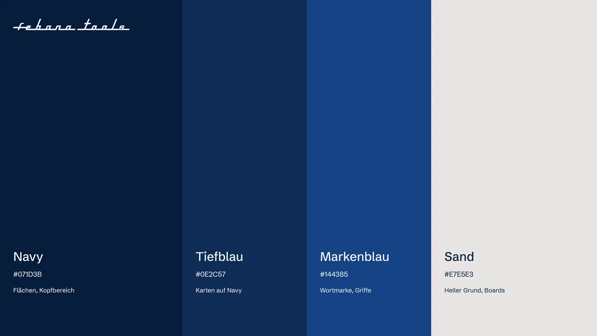 Farbwelt der OEM-Plattform: Navy, Tiefblau, Markenblau und Sand als Farbstreifen mit Hexwerten