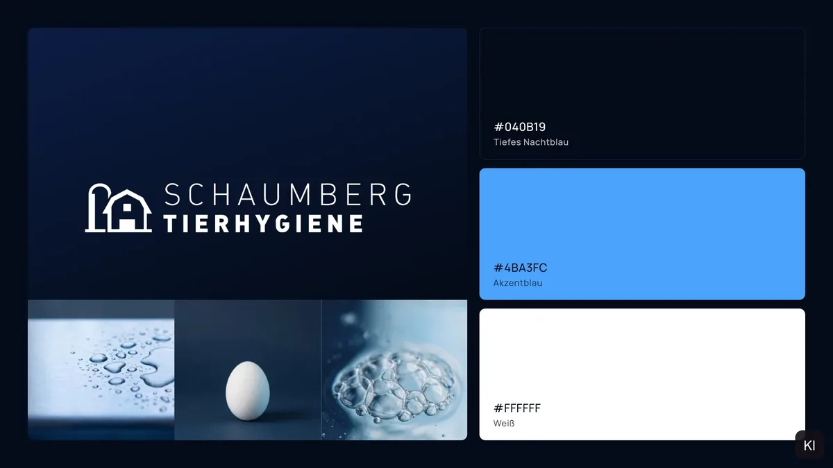Farbwelt in Nachtblau, Akzentblau und Weiß mit Logo und Bildausschnitten Tropfen, Ei und Schaum