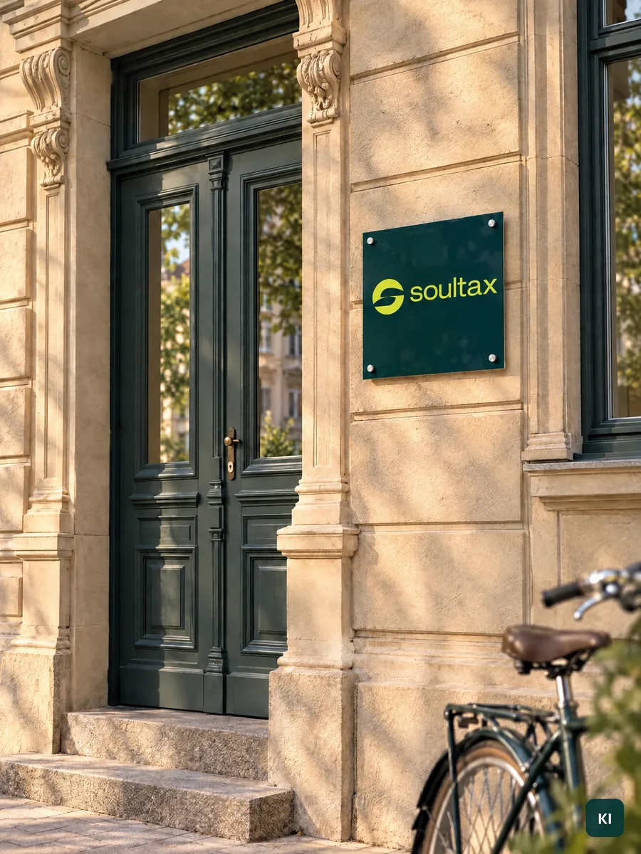 Kanzleischild in Petrol mit Logo in Lemon an einer Altbaufassade neben einer Holztür, davor ein Fahrrad (KI-Visualisierung, Weiterbau)