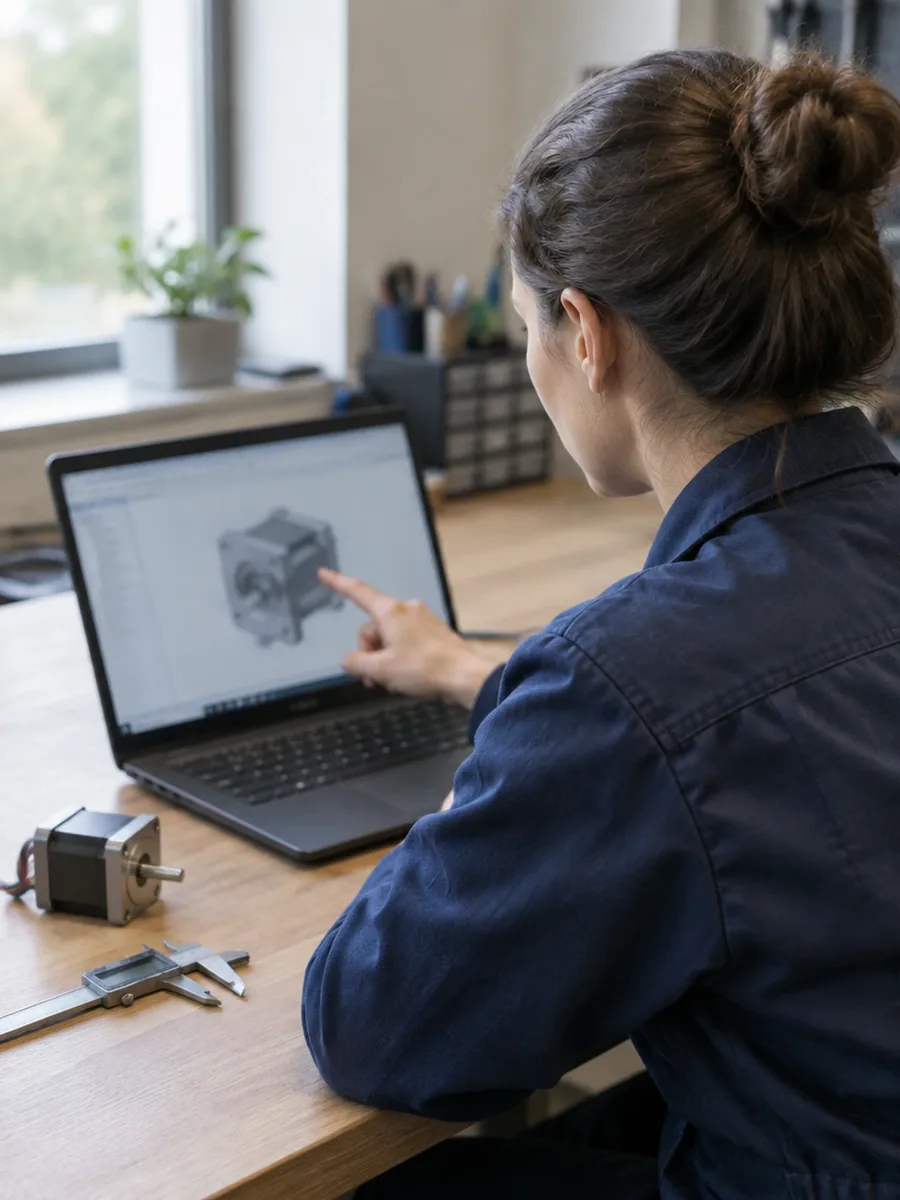 Ingenieurin zeigt an einem Laptop auf eine Konstruktionsansicht eines Schrittmotors