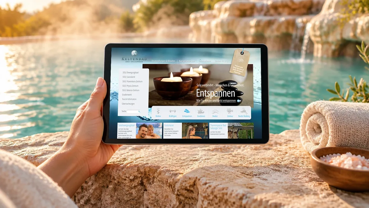 Hand hält ein Tablet mit der Keltenbad-Startseite am Beckenrand eines dampfenden Pools, Premium-Mockup mit echtem Screen, sauberes Compositing
