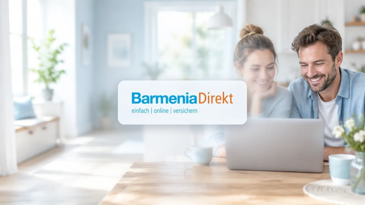 BarmeniaDirekt Logo mittig vor einem hellen Wohnküchen-Motiv: Paar plant seine Versicherung am Laptop