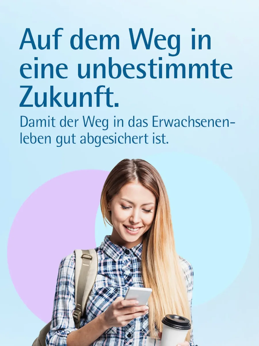 Mobil-Header Jugend: junge Frau mit Smartphone vor zwei Kreisen, Headline Auf dem Weg in eine unbestimmte Zukunft