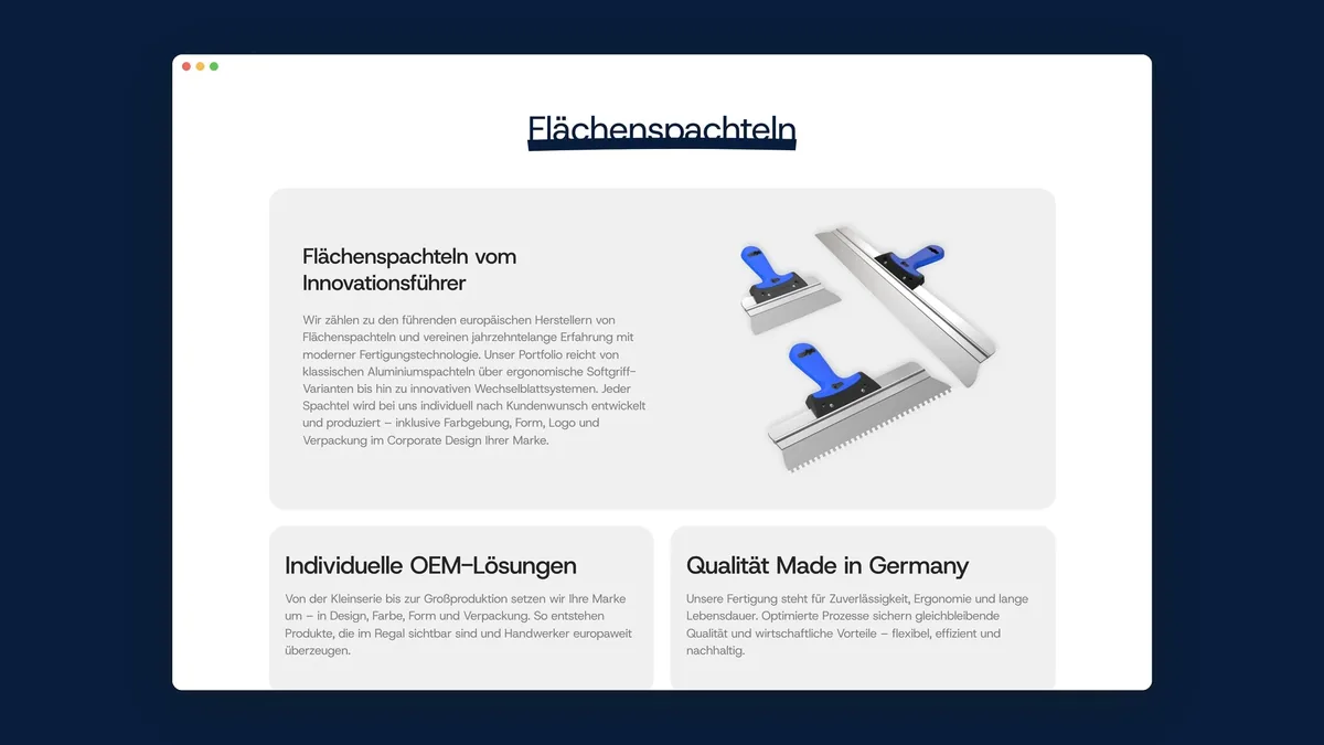 Produktseite Flächenspachteln der OEM-Plattform mit Spachteln und Erläuterung der OEM-Lösungen