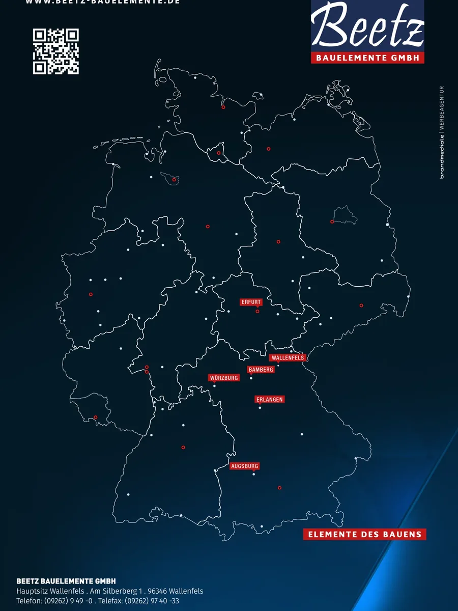 Rückseite der Imagebroschüre mit Deutschlandkarte und den Standorten Wallenfels, Bamberg, Würzburg, Erlangen, Augsburg und Erfurt