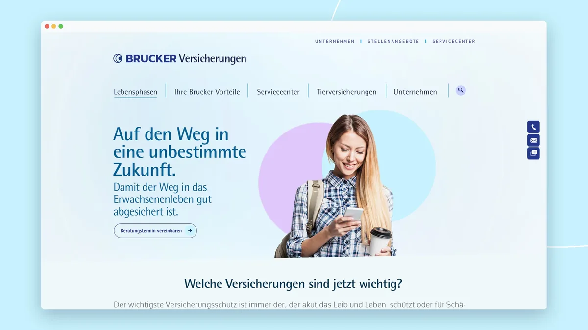 Website-Unterseite Jugend im Browserfenster: junge Frau mit Smartphone vor zwei Kreisen