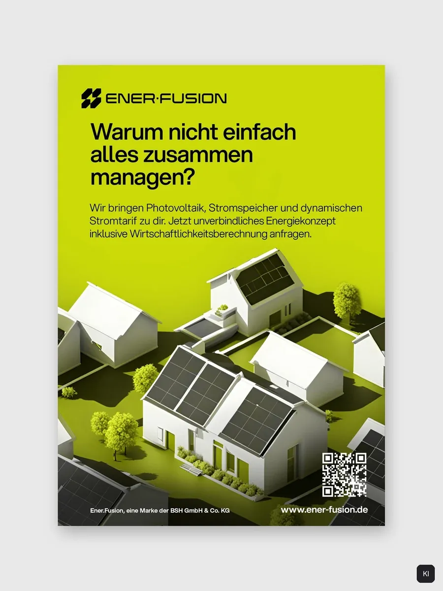 Anzeige auf Ener Green mit derselben Frage und einer isometrischen Siedlung mit Solardächern.