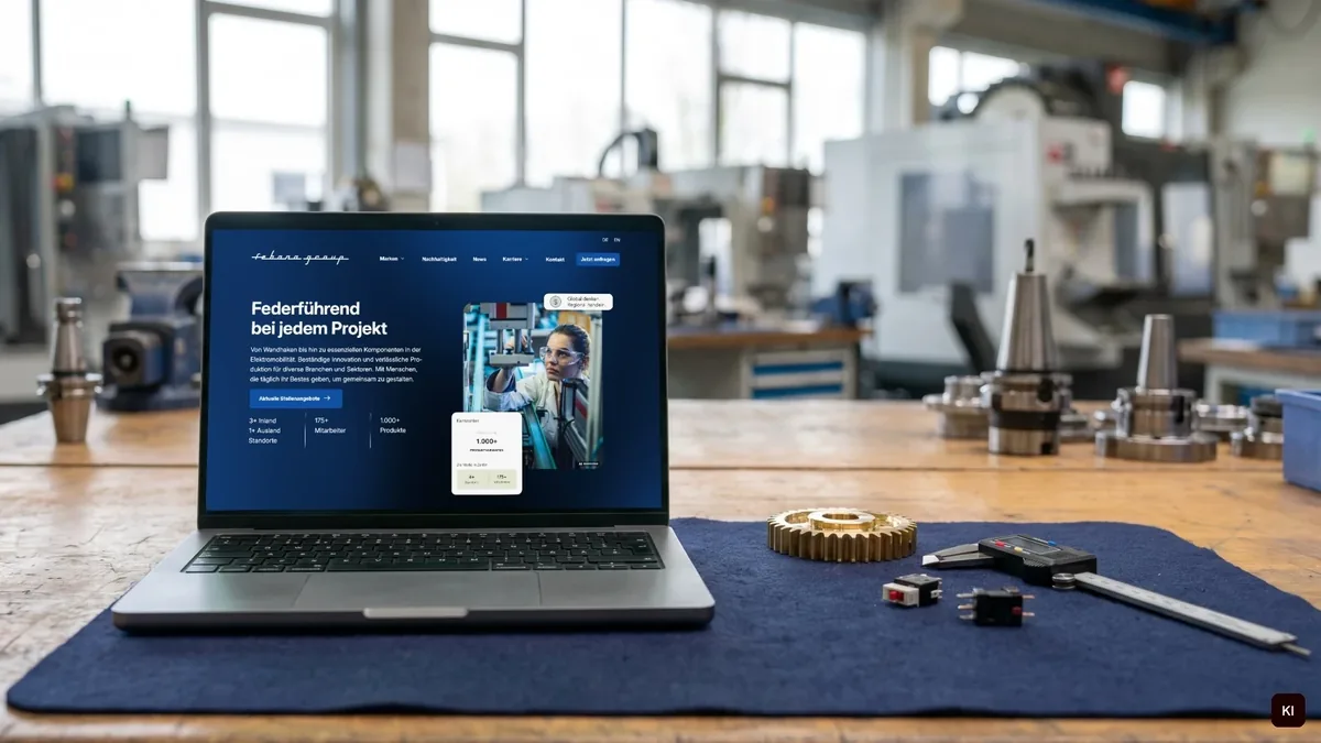 Laptop mit der Startseite von febana.group auf einer Werkbank mit Messing-Zahnrad und Messschieber, KI-Szene mit eingesetztem Screen