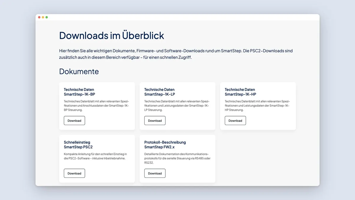Downloadbereich mit Datenblättern der SmartStep-Steuerungen, Schnelleinstieg und Protokollbeschreibung.