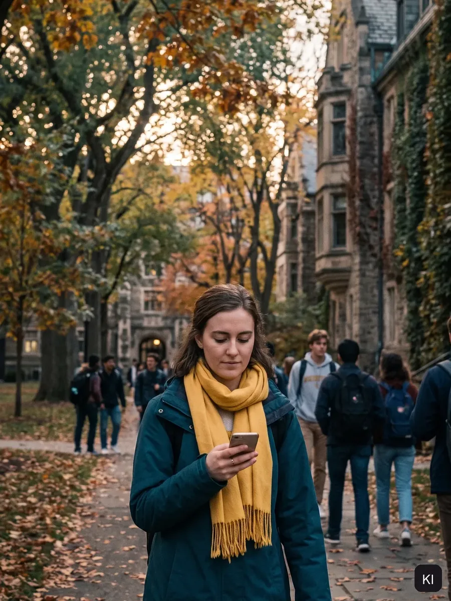 Studentin mit gelbem Schal schaut auf ihr Smartphone, Herbstallee am Campus, KI-Bild