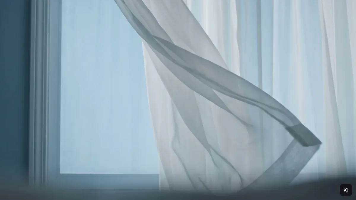 Heller Vorhang weht vor einem Fenster in kühlem Blau (KI-Visualisierung)