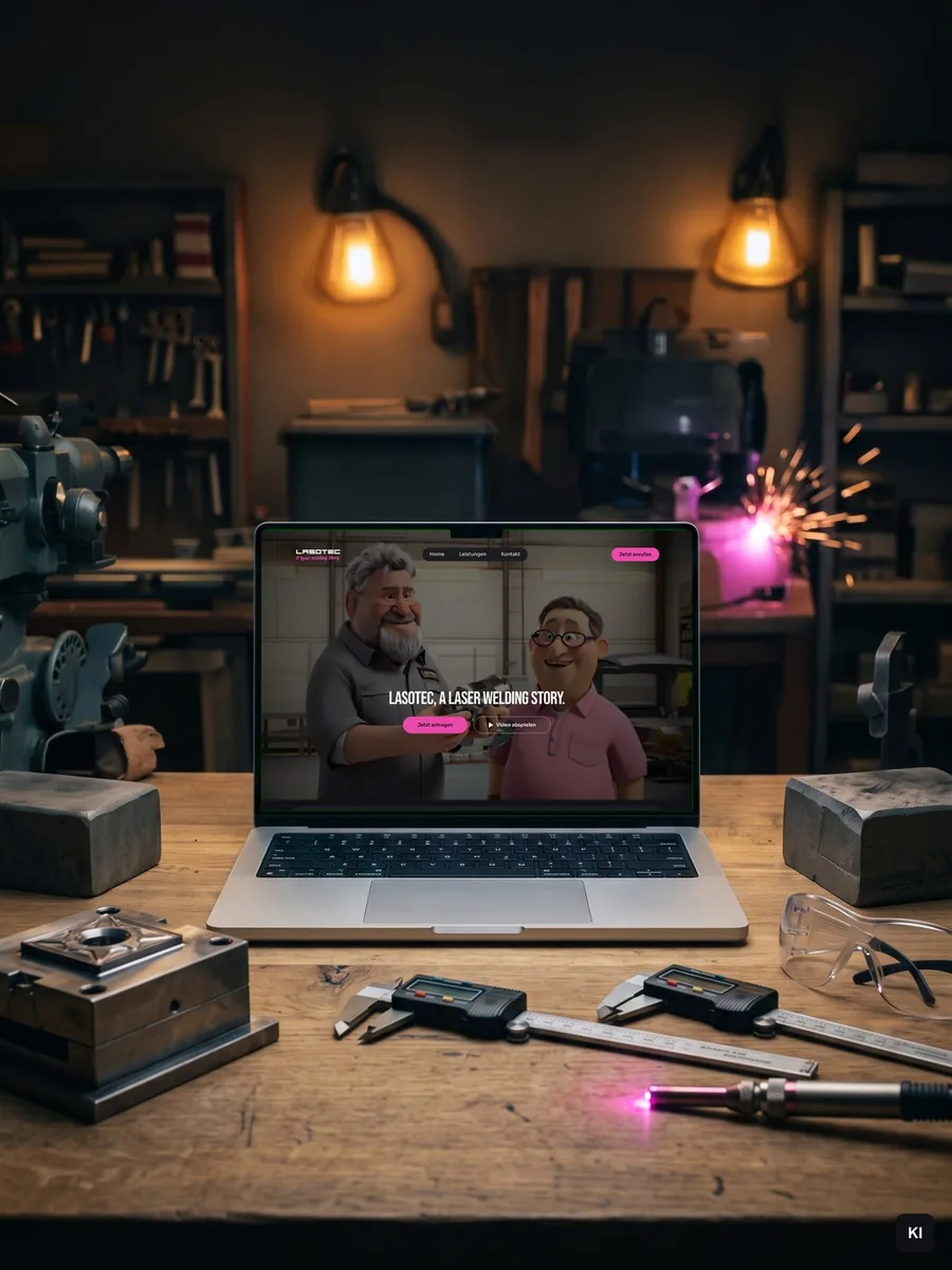 Laptop auf einer Holzwerkbank zeigt die Startseite von LASOTEC, davor Messschieber, Schutzbrille und ein Laserstift mit pinkem Licht.