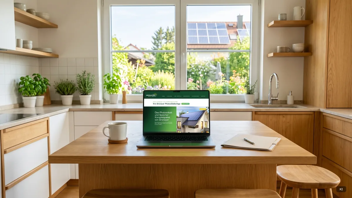 Laptop mit der Startseite von Grünauer Neue Energie auf einem Küchentisch (KI-Bild)