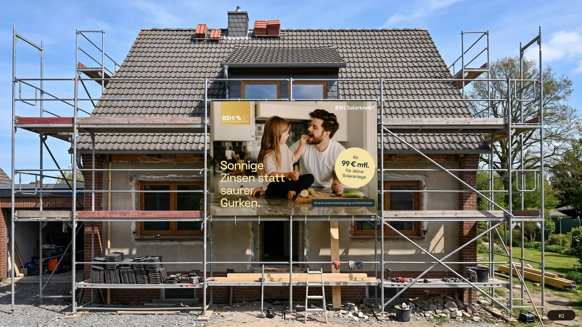 Gerüstbanner am Einfamilienhaus (KI-Mockup)