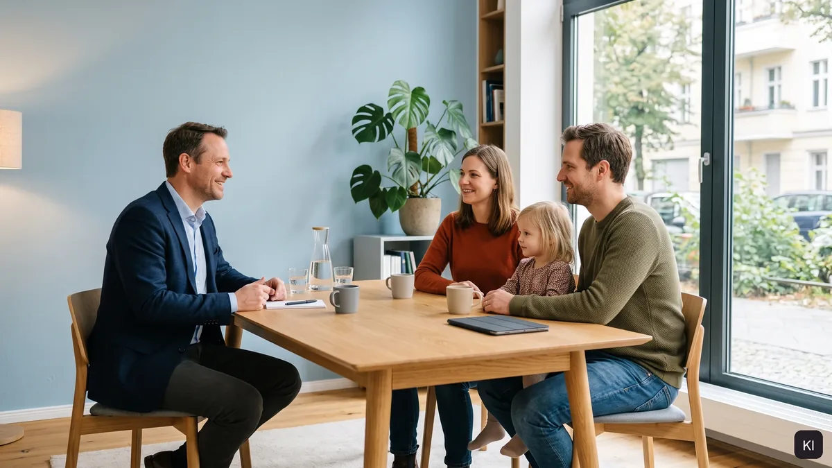Beratungsgespräch einer Familie mit einem Berater an einem Holztisch in einem hellen Büro, KI-Bild