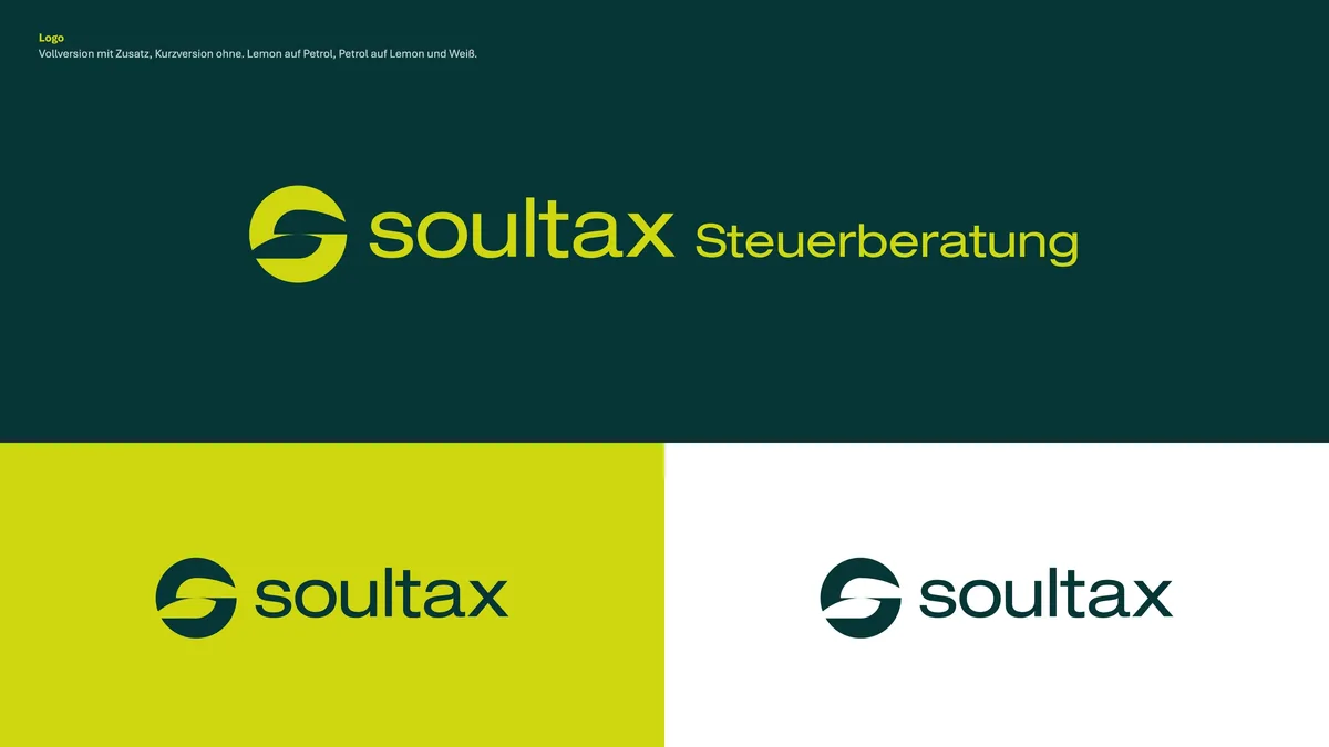 Logo auf drei Flächen: Vollversion mit Zusatz Steuerberatung in Lemon auf Petrol, Kurzversion in Petrol auf Lemon und auf Weiß