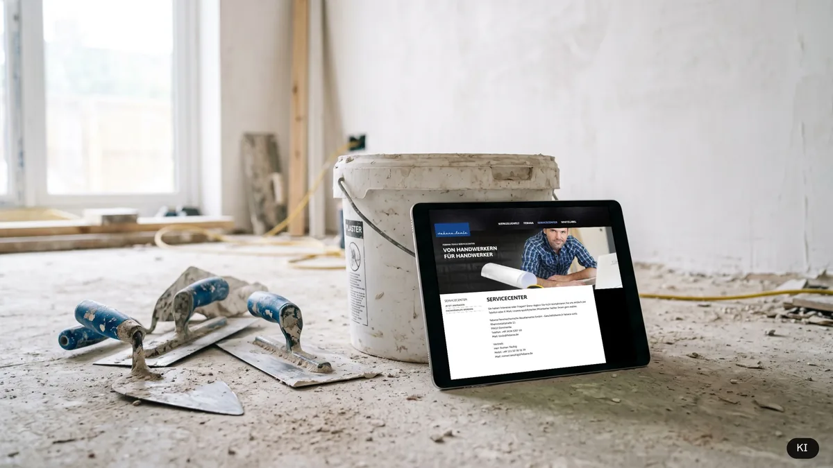 KI-Visualisierung: Tablet an einem Putzeimer auf der Baustelle, darauf das echte Servicecenter