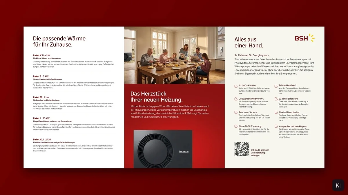 Wickelfalzflyer DIN A4, Innenseite: die fünf Pakete von 4 bis 12 kW, Das Herzstück Ihrer neuen Heizung und acht Vorteile; Preise entfernt; KI-Bilder