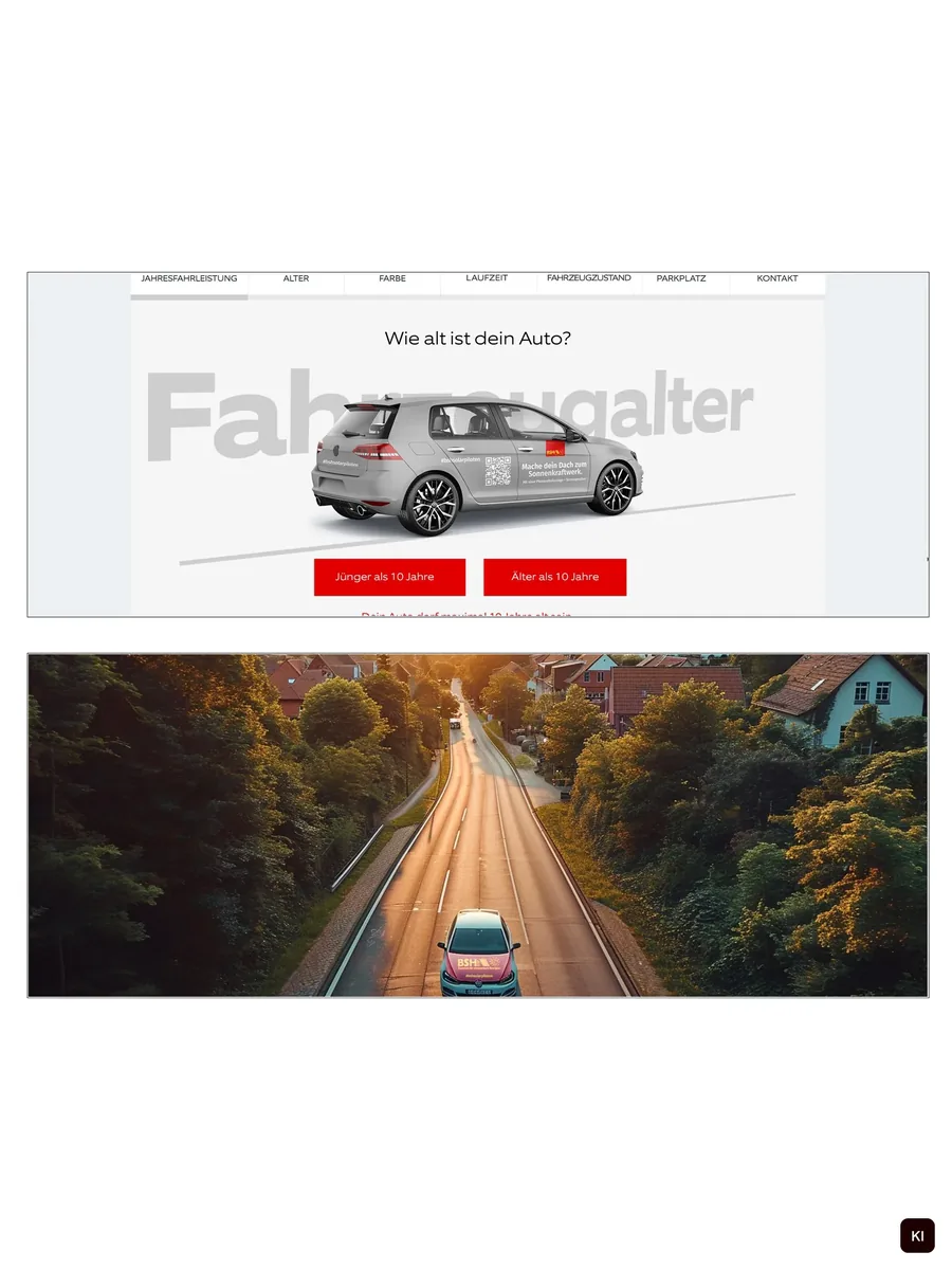 Zwei Skizzen aus dem Wireframe für die Bildwege gehen per Wischblende in gestaltete Motive über: das graue Auto mit roter Haube vor dem Wortbild »Fahrzeugalter« und eine Landstraße von oben; teils KI-unterstützt