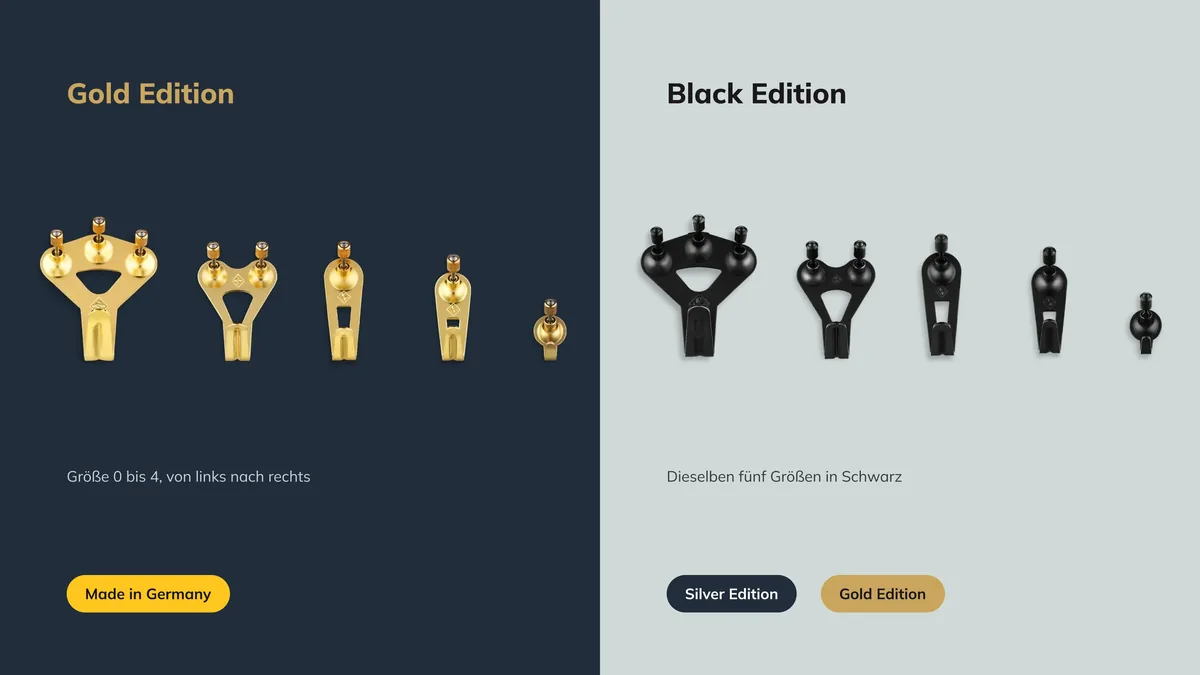 Editionen-Reihe: Gold Edition auf Navy, Black Edition auf Nebelgrau, je fünf Größen