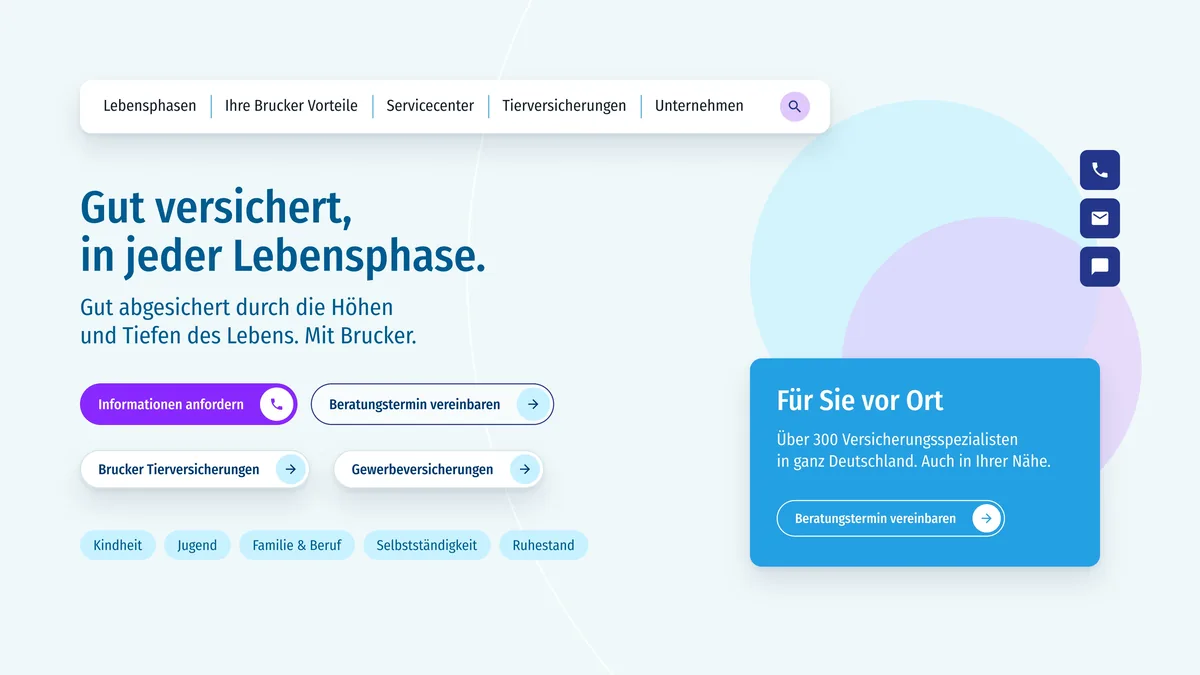 UI-Komposition der Brucker-Website: Navigation, Headline, Buttons, Lebensphasen-Chips und Karte Für Sie vor Ort