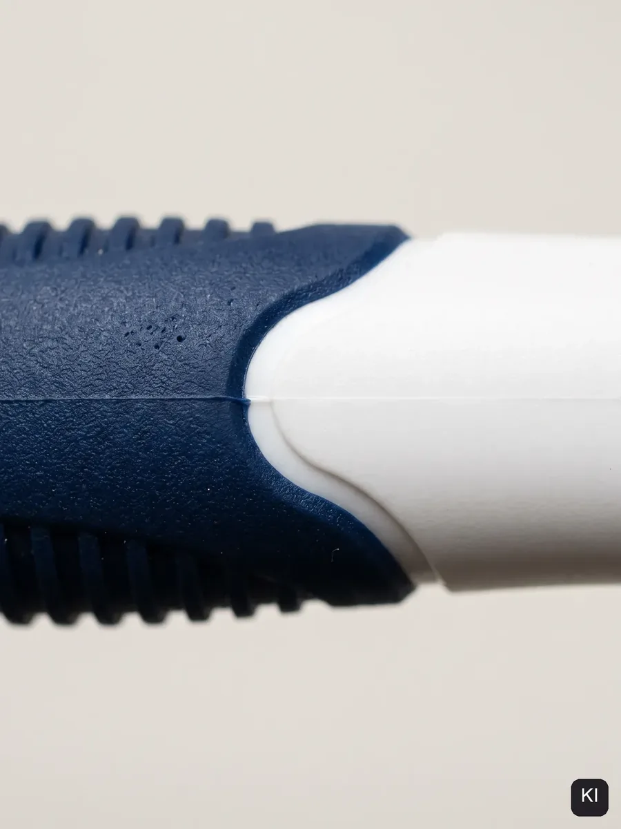 Nahaufnahme eines Griffs, Hartkunststoff in Weiß trifft Soft-Touch in Navy (KI-Bild, Stimmung)