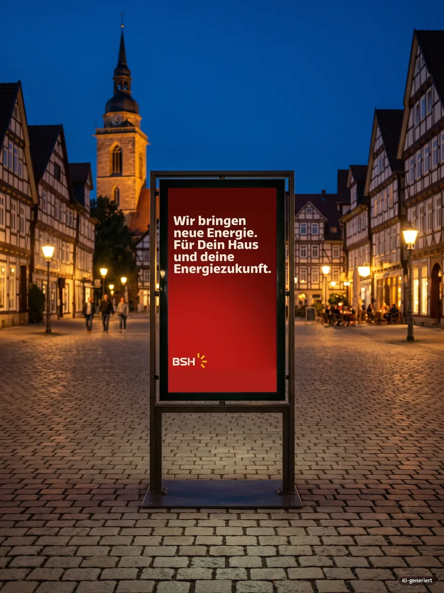 Citylight in der Altstadt am Abend mit dem Motiv Wir bringen neue Energie, KI-Mockup