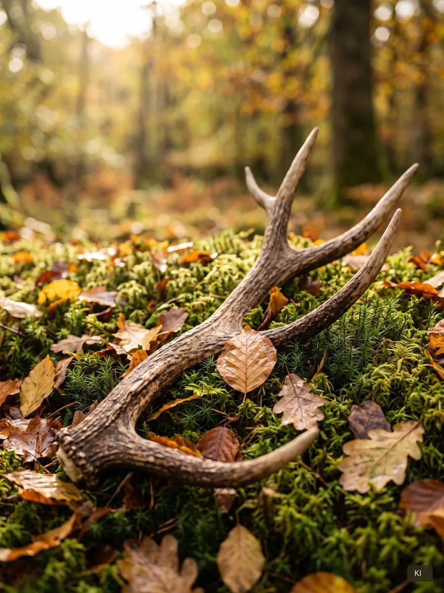 Geweihstange auf Moos im Herbstlaub; KI-unterstützt