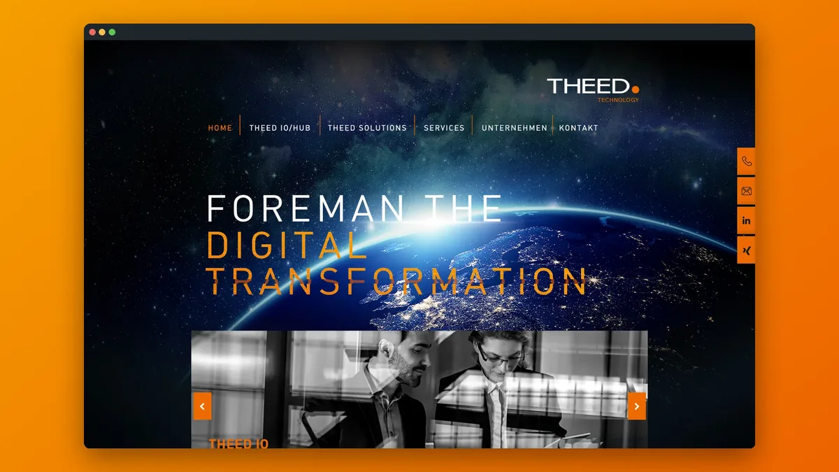 Startseite der Theed-Website im Browserfenster: Erde bei Nacht, Headline in Weiß und Orange, orange Kacheln der Lösungsbereiche