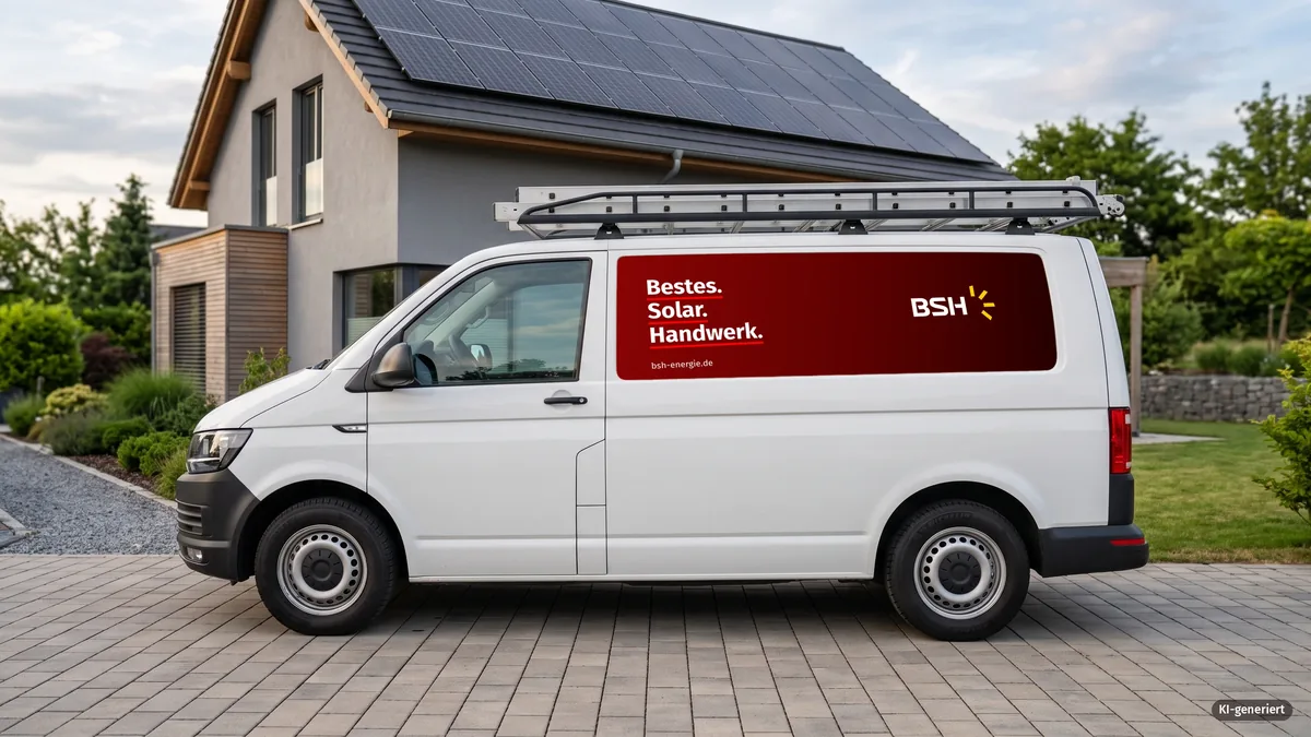 Transporter mit Seitenbeschriftung Bestes. Solar. Handwerk. vor einem Haus mit Solardach, KI-Mockup