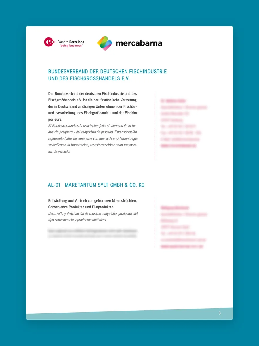Katalogseite 3 mit Profilen deutscher Unternehmen, Ansprechpartner unkenntlich