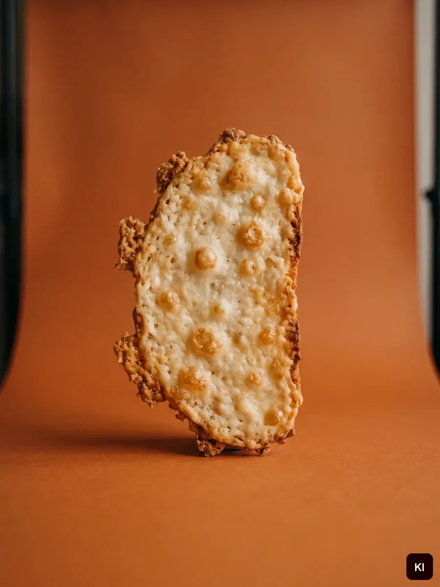 KI-Bild: Ein gebackenes Käse-Chip steht aufrecht vor orangem Papierhintergrund