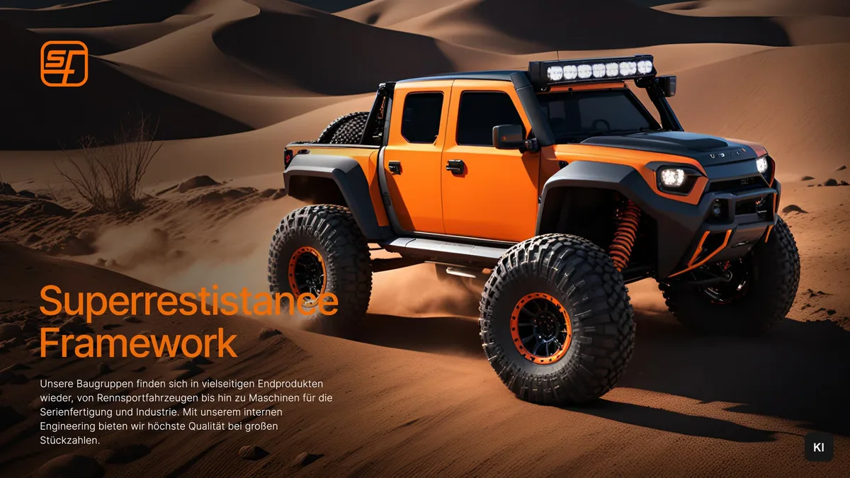 Orange-schwarzer Geländewagen in der Wüste, Motiv Superresistance Framework (KI-Bild)