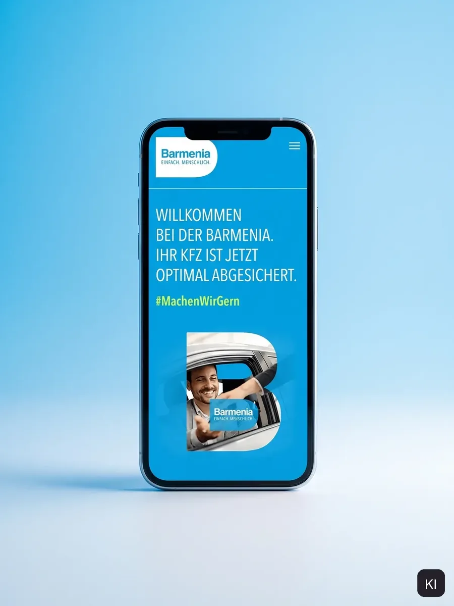 Smartphone auf blauem Hintergrund zeigt die Welcome Page Kfz mit dem Fahrer im B (KI-Szene, Screen aus dem Projekt)