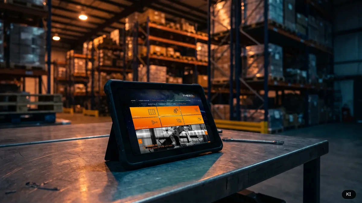 KI-Visualisierung: Tablet auf einer Werkbank in der Lagerhalle bei Nacht, darauf die echte Solutions-Seite