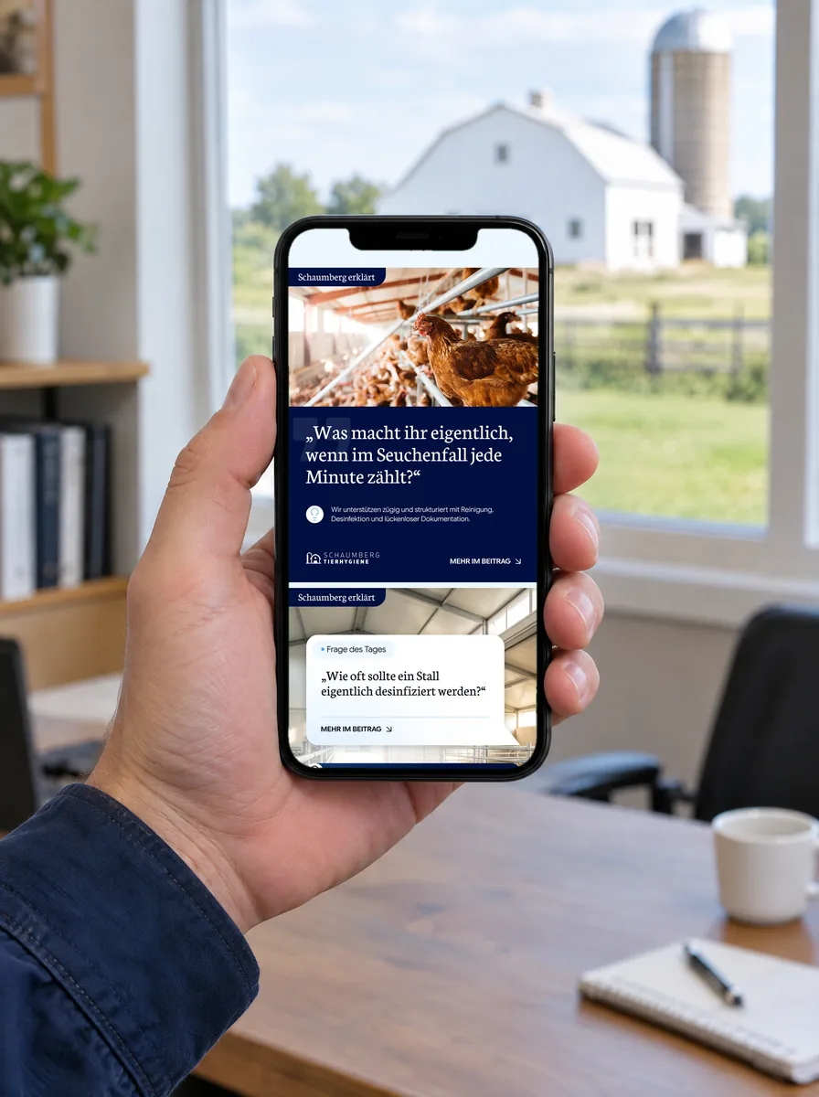 Smartphone mit echten Instagram-Beiträgen von Schaumberg Tierhygiene in der Hand, Hofbüro (Szene KI, gekennzeichnet)