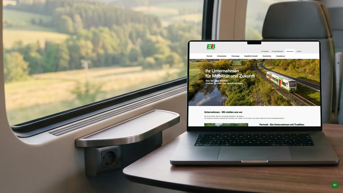 Website auf dem Laptop im Zugabteil