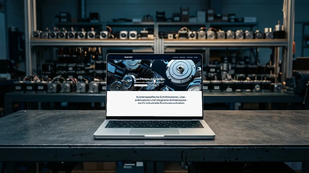 Laptop mit der neuen MICROSTEP-Startseite auf einer Werkbank vor Regalen mit Schrittmotoren, scharfer Screen mit echtem Hero-Bild