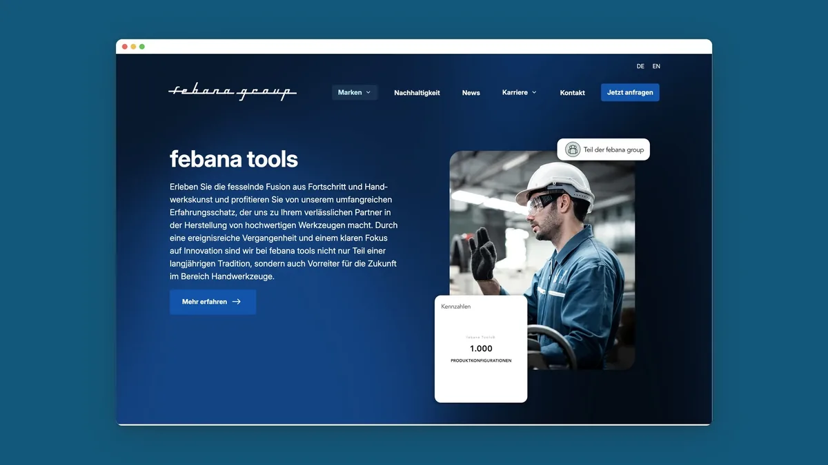 Markenseite febana tools mit Hero-Bereich, Mitarbeiter mit Schutzhelm und Kennzahlenkarte
