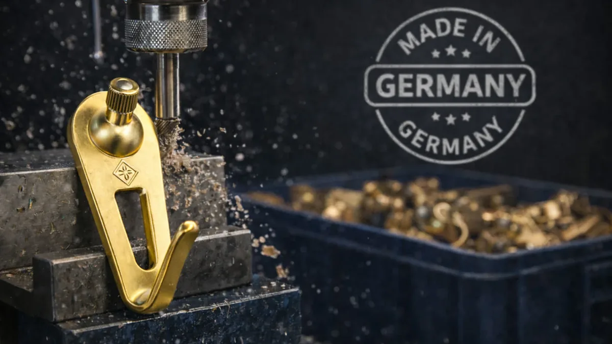 Goldener FLOREAT-Haken in der Fertigung unter einem Bohrer, daneben der Stempel Made in Germany