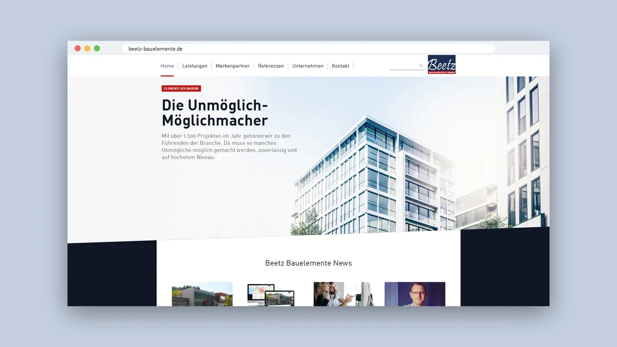 Startseite der Website beetz-bauelemente.de im Browserfenster mit der Headline Die Unmöglich-Möglichmacher