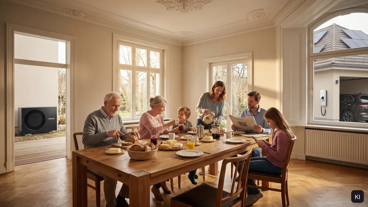 Drei Generationen frühstücken an einem langen Holztisch in einem Gründerzeithaus, durch die Tür ist links eine Wärmepumpe zu sehen; KI-unterstützt