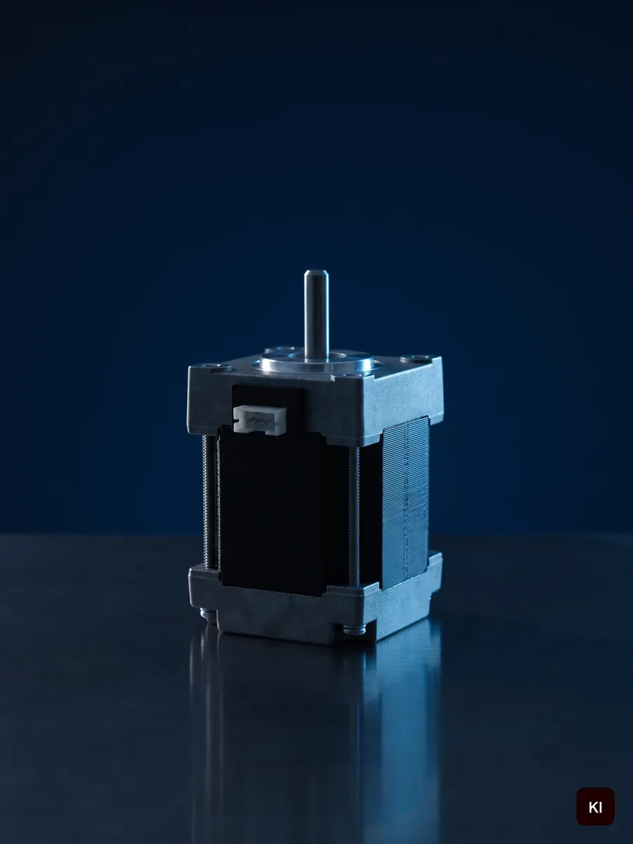 Schrittmotor im Hochformat auf Navy, Nahaufnahme von Flansch und Welle (KI-Weiterbau der Produktaufnahme)
