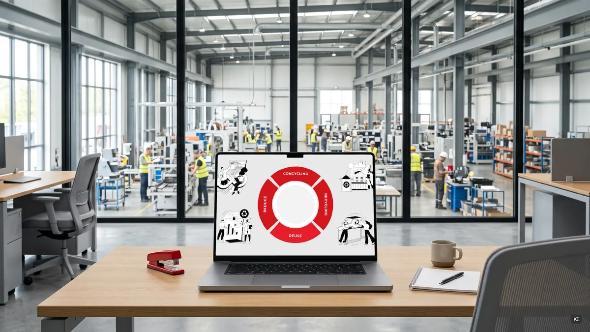 Laptop mit Concycling-Ring im Werk, KI-Mockup