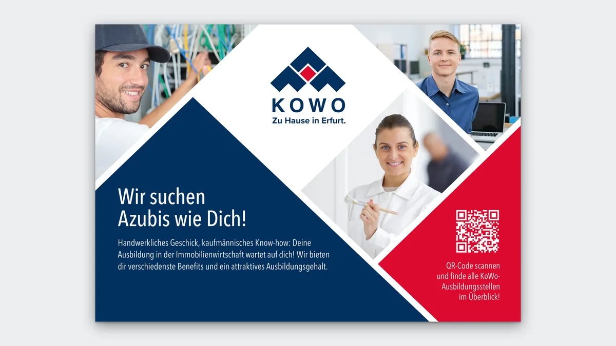 Azubi-Anzeige 190 x 133 mm: Wir suchen Azubis wie Dich, drei Porträts in diagonalen Bildfenstern, KOWO-Logo mit Zu Hause in Erfurt, Navy- und Rotfläche mit QR-Code