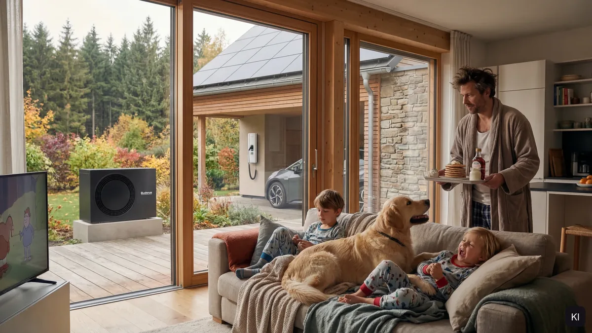 Zwei Kinder und ein Hund liegen auf dem Sofa vor der Terrassentür, ein Vater bringt Frühstück, draußen steht die Wärmepumpe im Herbstgarten; KI-unterstützt