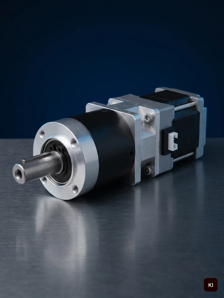 Getriebeschrittmotor auf gebürstetem Metall vor Navy-Hintergrund (KI-Weiterbau der Produktaufnahme)