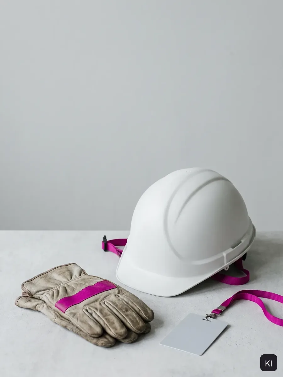 KI-Bild: weißer Schutzhelm, Arbeitshandschuhe mit pinkfarbenem Streifen und Lanyard auf hellem Beton