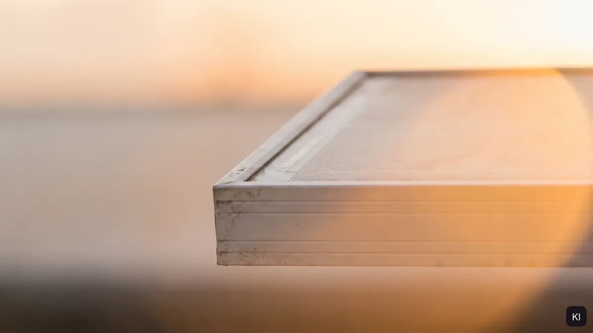 Kante eines Solarmoduls im warmen Gegenlicht (KI-Bild)